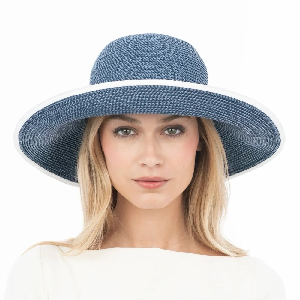 Eric Javits NWOT Best Selling Iconic Hampton Sun Hat in Indigo/White UPF 50+ - Picture 2 of 10